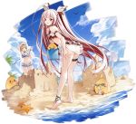  2girls antenna_hair ass azur_lane bikini bird blonde_hair blue_bikini clouds frilled_bikini frills green_eyes highres holding_shovel long_hair manjuu_(azur_lane) multiple_girls official_art open_mouth red_bikini red_eyes redhead sand sand_castle sand_sculpture short_hair southampton_(azur_lane) swimsuit tongue tongue_out transparent_background tree vauquelin_(azur_lane) very_long_hair vilor 