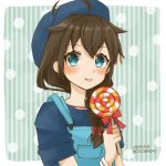  1girl ahoge baseball_cap black_hair blue_background blue_eyes blue_headwear blue_shirt braid candy cocoperino dated food hair_flaps hair_over_shoulder hat kantai_collection lollipop long_hair looking_at_viewer overalls remodel_(kantai_collection) shigure_(kantai_collection) shirt short_sleeves single_braid solo striped striped_background tongue tongue_out twitter_username 