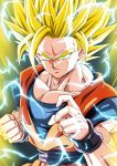  1boy aura blonde_hair clenched_hand commentary_request dougi dragon_ball dragon_ball_z electricity fighting_stance green_eyes highres kamishima_kanon male_focus muscle solo son_gokuu spiky_hair super_saiyan super_saiyan_2 upper_body wristband 
