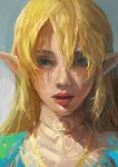  1girl absurdres blonde_hair blue_dress blue_eyes dress elf english_text face hair_between_eyes highres long_hair looking_at_viewer nintendo open_mouth pointy_ears princess_zelda simple_background solo tagme the_legend_of_zelda the_legend_of_zelda:_breath_of_the_wild upper_body zhu_lijie 