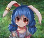  1girl animal_ears blue_dress blue_hair collarbone cuts dress ear_clip grass hair_between_eyes hair_ribbon injury kayon_(touzoku) looking_to_the_side low_twintails outdoors parted_lips puffy_short_sleeves puffy_sleeves rabbit_ears red_eyes ribbon sailor_moon_redraw_challenge seiran_(touhou) short_hair short_sleeves solo tears torn_clothes touhou twintails upper_body 