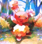  brown_eyes bunny_focus bush commentary creature english_commentary flower full_body gen_4_pokemon grass highres lady_kuki looking_at_viewer lopunny no_humans open_arms open_mouth pokemon pokemon_(creature) rabbit signature solo standing standing_on_one_leg tree 