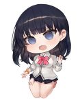  1girl :d bangs black_hair black_skirt blue_eyes blush bow cardigan chibi collared_shirt commentary_request dokomon eyebrows_visible_through_hair full_body hand_up highres korean_commentary lap_pillow_invitation long_hair long_sleeves looking_at_viewer open_mouth orange_scrunchie patting_lap pleated_skirt red_bow scrunchie shirt simple_background skirt smile solo ssss.gridman takarada_rikka v-shaped_eyebrows white_background white_cardigan white_shirt wrist_scrunchie 