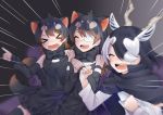  &gt;_&lt; 3girls :d ^_^ animal_ears antelope_ears antelope_horns apron australian_devil_(kemono_friends) bangs bare_shoulders batten_japari_dan black_hair blackbuck_(kemono_friends) blurry bow bowtie brown_hair cape clenched_hands closed_eyes closed_mouth couch detached_sleeves emphasis_lines extra_ears eyebrows_visible_through_hair eyepatch fangs furrowed_eyebrows gaijin_4koma grey_hair hair_over_one_eye hand_on_another&#039;s_shoulder hands_up highres horns isobee kemono_friends long_hair medical_eyepatch medium_hair meme multicolored_hair multiple_girls open_mouth own_hands_together pointing shirt sitting skirt smile swept_bangs tail tasmanian_devil_(kemono_friends) tasmanian_devil_ears tasmanian_devil_tail thigh-highs two-tone_hair upper_teeth v-shaped_eyebrows waist_apron white_hair xd zettai_ryouiki |d 