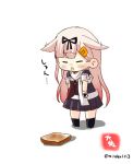  1girl artist_name black_ribbon black_serafuku blonde_hair closed_eyes commentary_request detective_pikachu food frown full_body gradient_hair hair_flaps hair_ornament hair_ribbon hairclip kantai_collection long_hair multicolored_hair neckerchief parody pokemon red_neckwear remodel_(kantai_collection) ribbon scarf school_uniform serafuku simple_background solo standing taisa_(kari) toast twitter_username white_background white_scarf wrinkled_frown_(detective_pikachu) yuudachi_(kantai_collection) 