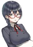  1girl bangs black_hair black_jacket blazer braid breast_rest breasts carried_breast_rest collared_shirt commentary_request eyebrows_visible_through_hair glasses green_eyes hair_between_eyes hair_over_shoulder jacket large_breasts looking_at_viewer midorikawa_you neck_ribbon original parted_lips red-framed_eyewear red_ribbon ribbon school_uniform semi-rimless_eyewear shirt simple_background solo twin_braids under-rim_eyewear upper_body white_background white_shirt 