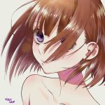  1girl bangs bare_shoulders bob_cut brown_hair close-up closed_mouth collarbone commentary_request eyebrows_behind_hair hair_behind_ear hair_over_one_eye highres lipgloss looking_at_viewer original shiny shiny_hair short_hair simple_background solo violet_eyes white_background wind yubi_kamii 