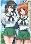  2girls :d ahoge bag bangs black_eyes black_hair black_neckwear blouse blue_sky blurry blurry_background brown_eyes brown_hair building carrying closed_mouth clouds cloudy_sky commentary_request day depth_of_field eyebrows_visible_through_hair girls_und_panzer green_skirt holding holding_bag isuzu_hana long_hair long_sleeves looking_at_viewer miniskirt multiple_girls neckerchief nishizumi_miho ooarai_school_uniform open_mouth outdoors outline pleated_skirt school_bag school_uniform serafuku short_hair skirt sky smile standing t_k white_blouse white_outline 
