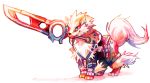  arcanine blue_eyes closed_mouth clothed_pokemon commentary creature english_commentary full_body gen_1_pokemon lady_kuki mouth_hold no_humans pokemon pokemon_(creature) shulk simple_background smile solo standing sword weapon white_background xenoblade_(series) 