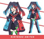  1girl :d absurdres black_hair black_skirt blue_hair eyebrows_visible_through_hair fang hair_ornament highres hinghoi long_hair long_sleeves looking_at_viewer multicolored_hair multiple_views nintendo_switch nintendo_switch_(personification) open_mouth original paint_stains personification red_eyes redhead sailor_collar school_uniform serafuku sketch skirt sleeves_past_wrists smile thigh-highs twintails v-shaped_eyebrows 