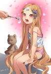  1girl abigail_williams_(fate/grand_order) absurdres bandaid_on_forehead bare_shoulders blue_bow bow camisole commentary crop_top dated fate/grand_order fate_(series) feeding food hair_bow heart highres holding holding_spoon incoming_food long_hair looking_at_viewer merong_(sou47897) open_mouth orange_bow orange_hair panties pink_eyes pink_panties rice sitting solo_focus spoon strap_slip stuffed_animal stuffed_toy teddy_bear underwear underwear_only very_long_hair 