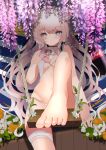  +_+ 1girl absurdres azur_lane bangs bare_shoulders barefoot bikini blue_eyes blush book breasts double_bun eyebrows_visible_through_hair flower hair_between_eyes hammock highres holding holding_book huge_filesize le_malin_(azur_lane) long_hair looking_at_viewer navel open_book purple_flower sanba_tsui sidelocks silver_hair sitting small_breasts solo swimsuit symbol-shaped_pupils very_long_hair white_bikini white_flower 