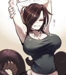  1girl black_shirt breasts brown_hair claws closed_mouth commentary_request fate/grand_order fate_(series) hair_over_one_eye lamia lamia_(fate/grand_order) large_breasts monster_girl no_pupils red_eyes scales shirt short_hair sido_(slipknot) simple_background sleeveless sleeveless_shirt solo stretch tail 