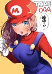 1girl absurdres blue_eyes blush breasts brown_hair clenched_hand commentary_request cosplay gloves hair_ornament hat highres kuma_daigorou long_sleeves looking_at_viewer mario mario_(cosplay) super_mario_bros. medium_hair nijisanji open_mouth overalls red_headwear red_shirt shirt solo speech_bubble suzuhara_lulu sweat translation_request turtleneck upper_body virtual_youtuber white_gloves 