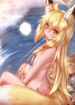  1girl ahoge animal_ear_fluff animal_ears back blonde_hair blush breasts cherry_blossoms commentary_request eyebrows_visible_through_hair fang fox_ears fox_girl fox_tail hair_between_eyes highres horokusa_(korai) korai_(horokusa) long_hair looking_at_viewer nude onsen original sitting small_breasts smile solo tail yellow_eyes 