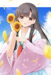  1girl :d akisaka_yamoka bangs black_eyes black_hair blue_skirt blue_sky blunt_bangs blush cherry_blossom_print clouds eyebrows_visible_through_hair floral_print flower hair_over_shoulder highres holding holding_flower idolmaster idolmaster_cinderella_girls japanese_clothes kimono kobayakawa_sae long_hair looking_at_viewer neckerchief open_mouth outdoors petals pleated_skirt red_neckwear sailor_collar school_uniform skirt sky smile solo sunflower upper_body wide_sleeves 