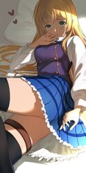  1girl absurdres aiu_eo anne_(shingeki_no_bahamut) bangs blonde_hair granblue_fantasy green_eyes highres long_hair long_sleeves looking_at_viewer pillow skirt solo thigh-highs 