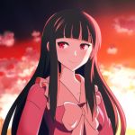  1girl bangs black_hair blunt_bangs bow bowtie cato_(monocatienus) clouds commentary_request evening eyebrows_visible_through_hair frilled_shirt_collar frills gradient_sky houraisan_kaguya long_hair looking_to_the_side pink_neckwear pink_shirt red_eyes red_sky red_theme shirt sidelighting sidelocks sky smile solo standing touhou upper_body very_long_hair 
