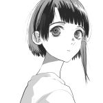  1girl asymmetrical_hair bangs black_hair blunt_bangs close-up face green_hair grey_eyes greyscale hair_ornament hairclip highres iwakura_lain looking_away looking_to_the_side monochrome parted_lips portrait serial_experiments_lain short_hair simple_background solo white_background yubi_kamii 
