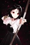  1girl archery bangs black_hair black_hakama bow_(weapon) dingding_tu firing folded_ponytail gloves hakama hakama_skirt heart highres japanese_clothes kaguya-sama_wa_kokurasetai_~tensai-tachi_no_renai_zunousen~ kyuudou looking_at_viewer muneate parted_bangs partly_fingerless_gloves red_eyes shinomiya_kaguya short_sleeves solo weapon yugake 