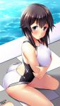  1girl :t ass bangs bare_legs bare_shoulders black_hair blush breast_hold breasts commentary_request competition_swimsuit crossed_arms dated day from_above grey_eyes hayasui_(kantai_collection) highleg highleg_swimsuit highres kantai_collection large_breasts looking_at_viewer one-piece_swimsuit pool poolside short_hair solo swimsuit tile_floor tiles tsuchimiya water white_swimsuit 