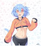  1girl :d animal_ear_fluff animal_ears blue_hair breasts cat_ears cat_tail commentary cowboy_shot crop_top cropped_hoodie dated gradient gradient_background hair_ornament hairclip highres looking_at_viewer navel nekonyan_(nekoworld) open_mouth original short_hair signature simple_background sleeves_past_wrists smile solo tail under_boob zipper 