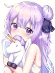  1girl azur_lane bare_shoulders blush eyebrows_visible_through_hair hair_between_eyes hair_bun hair_ornament hair_ribbon long_hair looking_at_viewer mannaku object_hug petals purple_hair ribbon shirt side_bun stuffed_animal stuffed_toy stuffed_unicorn unicorn unicorn_(azur_lane) v very_long_hair violet_eyes white_background white_shirt 