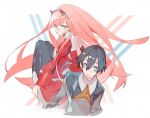  1boy 1girl bangs black_hair blue_eyes blunt_bangs closed_mouth darling_in_the_franxx eyebrows_visible_through_hair hair_between_eyes hiro_(darling_in_the_franxx) horns kukicha long_hair looking_at_another parted_lips pink_hair smile uniform zero_two_(darling_in_the_franxx) 