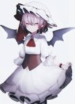  1girl absurdres ascot bat_wings brooch dress expressionless frilled_dress frills hair_between_eyes hat highres huge_filesize jewelry looking_at_viewer migihidari_(puwako) mob_cap pointy_ears purple_hair red_eyes red_neckwear remilia_scarlet short_hair sidelocks simple_background skirt_hold slit_pupils solo standing touhou underbust white_background white_dress white_headwear wings wrist_cuffs 