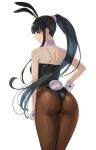  1girl absurdres animal_ears ass bangs bare_shoulders black_hair black_leotard brown_eyes brown_legwear bunny_girl bunnysuit closed_mouth commentary daglasses eyebrows_visible_through_hair from_behind hair_ornament hair_scrunchie hand_on_hip highleg highleg_leotard highres leotard lidia_(daglasses) lips long_hair looking_at_viewer looking_back original pantyhose ponytail rabbit_ears scrunchie shiny shiny_clothes shiny_hair sidelocks simple_background smile solo strapless strapless_leotard white_background wrist_cuffs 