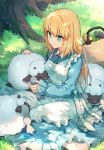  1girl ahoge apron artoria_pendragon_(all) bangs barefoot blonde_hair blue_dress breasts crossover dress eyebrows_visible_through_hair fate/stay_night fate_(series) food gen_8_pokemon green_eyes highres holding holding_pokemon kamiowl long_dress long_hair long_sleeves looking_at_animal medium_breasts pokemon pokemon_(creature) pokemon_(game) saber sheep sleeping smile symbol_commentary white_apron wooloo 