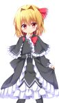 1girl alternate_costume arm_up belt black_capelet black_dress black_legwear blonde_hair bow bowtie brooch capelet cowboy_shot dress expressionless eyebrows_visible_through_hair frilled_capelet frilled_skirt frills gothic_lolita hair_between_eyes hair_intakes hair_ribbon hand_on_own_face head_tilt highres jewelry kuraaken light_blush lolita_fashion long_sleeves looking_at_viewer pantyhose petticoat red_neckwear ribbon rumia short_hair simple_background skirt skirt_hold solo standing touhou white_background wide_sleeves 