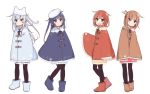  4girls :d akatsuki_(kantai_collection) alternate_costume black_legwear blue_eyes blue_footwear blush brown_eyes brown_footwear brown_hair eyebrows_visible_through_hair fang folded_ponytail hair_between_eyes hair_ornament hairclip hibiki_(kantai_collection) ikazuchi_(kantai_collection) inazuma_(kantai_collection) kantai_collection long_hair multiple_girls open_mouth pantyhose poncho purple_footwear purple_hair short_hair silver_hair simple_background skin_fang smile violet_eyes white_background yoru_nai 