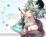  1boy ;3 ahoge bare_shoulders birthday_cake blue_neckwear blush cake character_name closed_mouth collarbone detached_sleeves dish eating eyebrows_visible_through_hair food fork green_eyes green_hair hair_ornament hairclip happy_birthday hat heart holding holding_fork holostars jacket kagami_kira long_sleeves looking_at_viewer male_focus medium_hair necktie one_eye_closed otoko_no_ko smile solo tongue tongue_out two_side_up upper_body virtual_youtuber yaeyama_reishi 