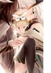  2girls absurdres arknights bird brown_eyes brown_hair convenient_censoring dragon_horns eyewear_removed feathers glasses highres horns kiss multiple_girls owl saria_(arknights) silence_(arknights) silence_(arknights)_(owl) thigh-highs white_hair wuws yellow_eyes yuri 