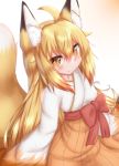  1girl ahoge animal_ear_fluff animal_ears blonde_hair blush commentary eyebrows_visible_through_hair fang fox_ears fox_girl fox_tail gradient gradient_background highres horokusa_(korai) japanese_clothes kimono korai_(horokusa) long_hair long_sleeves looking_at_viewer original simple_background sitting smile solo tail upper_body yellow_eyes 