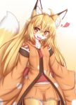  1girl :3 ahoge animal_ear_fluff animal_ears animal_nose blonde_hair blush commentary_request cowboy_shot fang fox_ears fox_girl fox_tail furry gradient gradient_background heart highres horokusa_(korai) korai_(horokusa) long_hair looking_to_the_side miniskirt navel open_mouth orange_skirt original skirt smile solo tail two-tone_fur white_background white_fur yellow_background yellow_eyes yellow_fur 