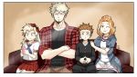  2boys 2girls bakugou_katsuki black_shirt blonde_hair bnha-bitch boku_no_hero_academia brown_eyes brown_hair crossed_arms denim denim_jacket facial_hair goatee if_they_mated jewelry looking_at_viewer multiple_boys multiple_girls necklace older plaid plaid_shirt red_eyes red_skirt school_uniform shirt skirt spiky_hair utsushimi_kemii white_hair 