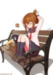  1girl adjusting_hair anchor_symbol bench black_legwear black_skirt box brown_footwear brown_hair cardboard_box closed_eyes failure_penguin folded_ponytail highres himitsu_neko in_box in_container inazuma_(kantai_collection) kantai_collection kneehighs loafers long_hair long_sleeves neckerchief park_bench pleated_skirt red_neckwear school_uniform serafuku shadow shirt shoes sitting skirt smile white_background white_shirt 