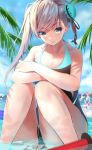  bangs beach bird black_swimsuit blue_sky brown_hair bun_cover closed_mouth clouds collarbone competition_swimsuit day eyebrows_visible_through_hair fate/grand_order fate_(series) hair_bun hair_ornament highres kinoruru_toiro knees_up miyamoto_musashi_(fate/grand_order) miyamoto_musashi_(swimsuit_berserker)_(fate) multiple_girls ocean one-piece_swimsuit outdoors palm_tree partially_submerged side_ponytail sitting sky smile solo_focus summer swept_bangs swimsuit thighs tree violet_eyes 
