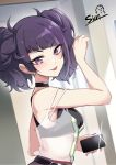  1girl bangs belt crop_top diagonal_bangs earrings from_side highres idolmaster idolmaster_shiny_colors indoors jewelry looking_at_viewer nail_polish purple_hair purple_nails reflection see-through self_shot short_twintails sian signature sleeveless solo tanaka_mamimi twintails violet_eyes 