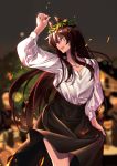  1girl :d absurdres animal_ears arknights arm_up bangs black_skirt brown_hair commentary_request cowboy_shot green_eyes hair_between_eyes head_tilt head_wreath highres horse_ears long_hair long_sleeves looking_to_the_side meteor_(arknights) open_mouth shijie_jianfa shirt skirt skirt_hold smile solo standing very_long_hair white_shirt 