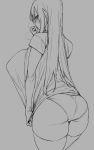 1girl ass bangs breasts commentary eyebrows_visible_through_hair from_behind hands large_breasts leggings long_hair monochrome obmas_(pfeito) original panties shirt shirt_pull sketch solo thigh-highs thighs underwear 