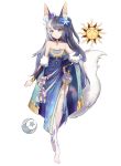  1girl animal_ear_fluff animal_ears bangs bare_shoulders black_hair blue_dress blush breasts choker crescent detached_sleeves dress eyebrows_visible_through_hair fox_ears fox_girl fox_tail full_body hair_ornament hand_on_hip highres hongyanz long_dress long_hair looking_at_viewer medium_breasts moon multicolored multicolored_clothes multicolored_dress multicolored_hair mysteria_~occult_shadows~ one_side_up see-through side_slit silver_hair simple_background smile snowflake_hair_ornament solo standing strapless strapless_dress sun swept_bangs tachi-e tail thigh-highs two-tone_hair very_long_hair walking white_background white_legwear 