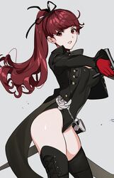  1girl artist_request atlus black_jacket black_legwear black_leotard bow breasts gloves grey_background hair_bow jacket leotard long_hair long_sleeves looking_at_viewer parted_lips persona persona_5 persona_5_the_royal ponytail red_eyes red_gloves redhead ribbon shiny shiny_skin simple_background solo sword thigh-highs weapon yoshizawa_kasumi 