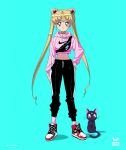  1girl bishoujo_senshi_sailor_moon blue_eyes casual cat crescent crescent_earrings earrings fanny_pack fashion highres hood hoodie jewelry luna_(sailor_moon) midriff navel nike pants sailor_moon shoes sneakers solo tom_skender track_pants tsukino_usagi twintails 
