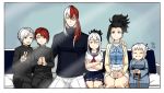  3boys 3girls black_eyes black_hair blue_eyes blue_kimono blue_shirt bnha-bitch boku_no_hero_academia cane if_they_mated japanese_clothes kimono looking_at_viewer multiple_boys multiple_girls older pants redhead scar school_uniform shirt siblings skirt smile sweater todoroki_rei todoroki_shouto turtleneck turtleneck_sweater twins v white_hair white_pants white_skirt yaoyorozu_momo 