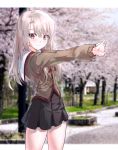  1girl absurdres bangs black_skirt blonde_hair blurry blurry_background blush brown_jacket commentary_request eyebrows_visible_through_hair fate/kaleid_liner_prisma_illya fate_(series) frown highres ildy illyasviel_von_einzbern jacket long_hair long_sleeves looking_at_viewer outdoors pleated_skirt red_eyes skirt solo 