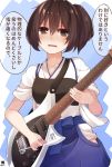  1girl absurdres blue_hakama brown_eyes brown_hair commentary_request cowboy_shot electric_guitar gloves guitar hakama hakama_skirt hibiki_zerocodo highres hip_vent holding holding_instrument instrument japanese_clothes kaga_(kantai_collection) kantai_collection long_hair muneate partly_fingerless_gloves short_sidetail side_ponytail solo speech_bubble translation_request yugake 