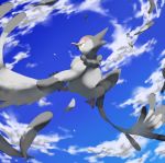  bird bird_focus blue_sky brown_eyes claws clouds cloudy_sky commentary creature day english_commentary flying full_body gen_5_pokemon no_humans outdoors pinkgermy pokemon pokemon_(creature) signature sky solo tranquill 